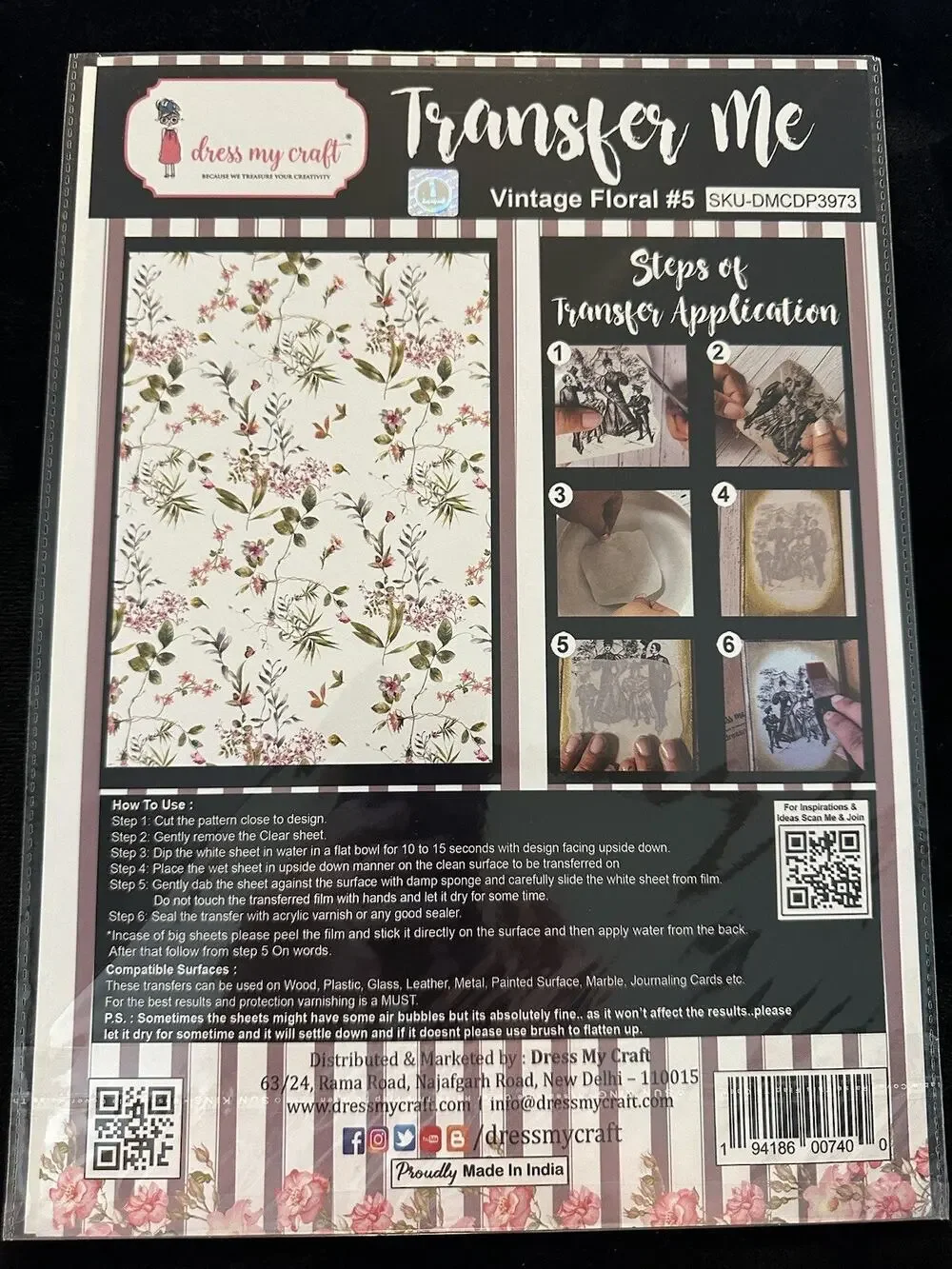 New Sealed Dress My Craft Transfer Me Vintage Floral #5 Flower Floral Dip In H2O